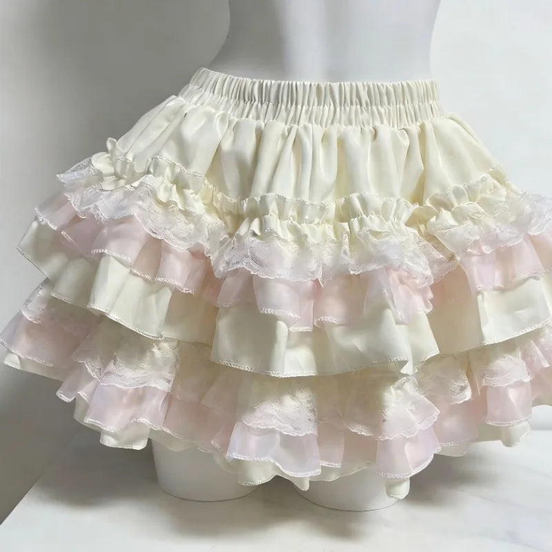 Streetwear Y2k Lolita Sweet Ballet Puff Cake Skirt Women Skirts A-line Harajuku Elastic High-waist Skirt Ruffled Design Clothing