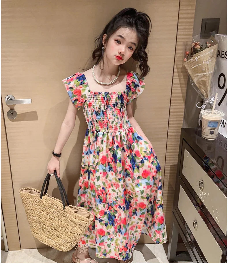 Girls floral dress summer dress children's summer thin princess dress older children girls skirt