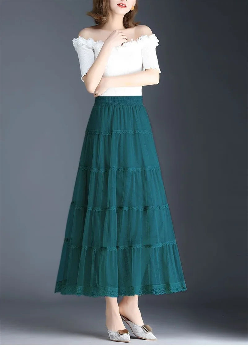 Pop Pop Long Tulle Skirt Women 2024 Spring Summer Elastic High Waist A-Line Mesh Pleated Puffy Skirt Female Elegant Lace Midi Sk