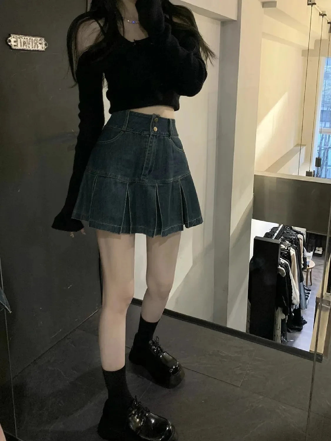 High-Waisted Denim Skirt Women's New Pleated Retro Blue Skinny A-line Flanged Wrap Hip Skirt