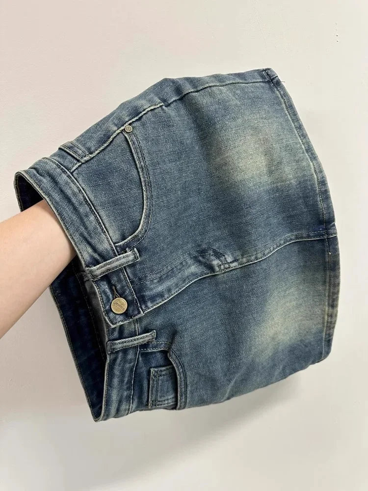 Plus Size Retro Denim Mini Skirt Summer New American Style Hot Girl High Waist Anti-Light Slim A- Line Wrap around Short Skirt