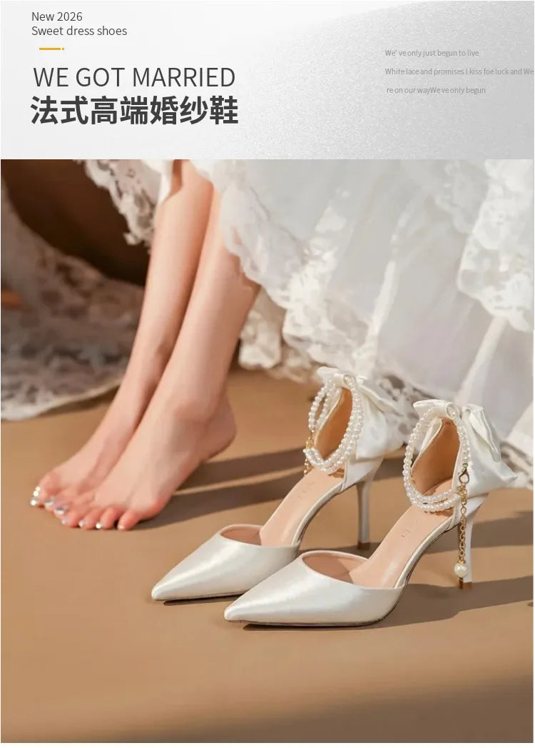 Plus 33-42 Pearl Ankle Strap Bow Heels Stiletto High Heels Women Pumps Wedding Shoes Bride Ladies Party Prom Closed-toe Sandals