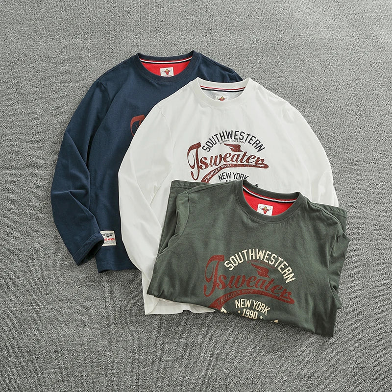Autumn New American Retro Long-Sleeved O-Neck Letter Printed T-Shirt Men'S Fashion 100% Cotton Washed Casual Sport Tops