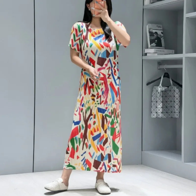 Miyake Pleated Dresses 2026 Summer New Fashion Printed Round Neck Short Sleeve Elegant Women's Draped Elastic Wrinkle-Free Dress