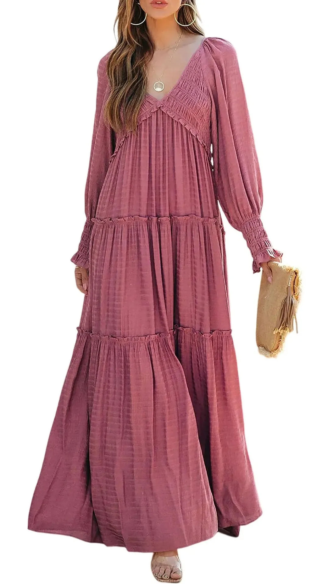 Long Dress Women Vintage V Neck Long Sleeve Dresses Loose Y2k High Waist Shirring Casual Summer Loose 2026 Elegant Slight Strech