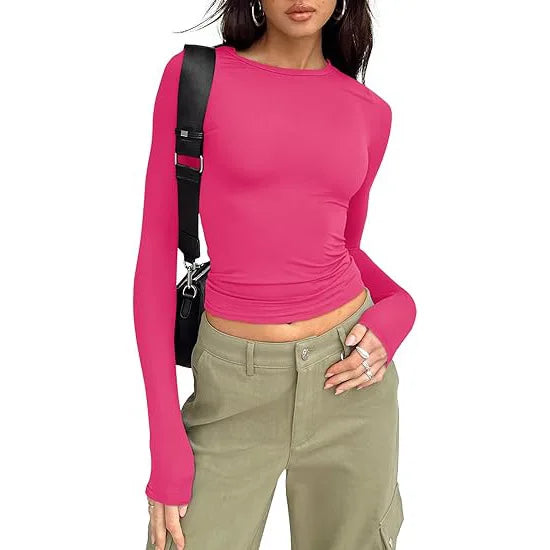 1pcs Woman Clothing Long Sleeve T-shirt Slim Fit Top Female O-Neck Knitted Sheath Tee Shirt Street Wear Sexy Sport Solid Tshirt