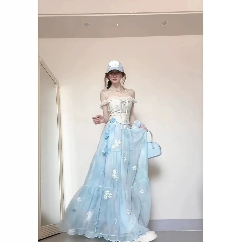 New Style Wood Grain Ruffle Splice Belted Waist Design Top Half Skirt Two Piece Set Polyester Blend Summer Casual Outfit for ...