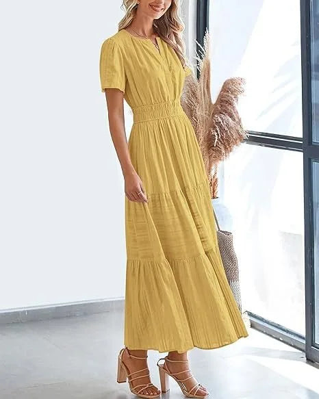 Summer Solid Color V-neck Tight Waist Dress French Style Elegant Pleated Large Swing Long Dress Casual Vacation Style Slimming M