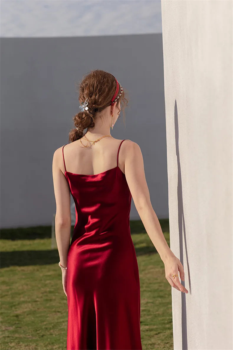 Sexy Spaghetti Strap Burgundy Vintage artificial silk Party Dresses Summer Women Satin Slip Dress Femme long Robe Vestidos