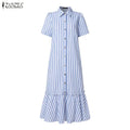 Summer Casual Short Sleeve Striped Midi Dress Women Turn-Down Collar Ruffled Hem Dresses ZANZEA Everyday Wear A-Line Vestidos
