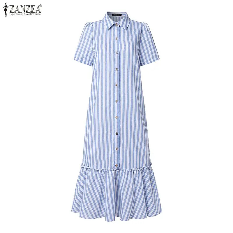 Summer Casual Short Sleeve Striped Midi Dress Women Turn-Down Collar Ruffled Hem Dresses ZANZEA Everyday Wear A-Line Vestidos