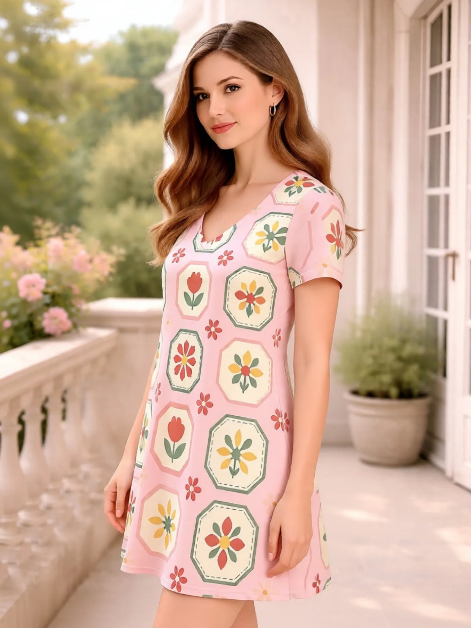 Womens V Neck Short Sleeve Floral Swing Mini Dress Casual Vacation Picnic Sundress Outfit Light Flowy Pretty Sweet Modern Resort