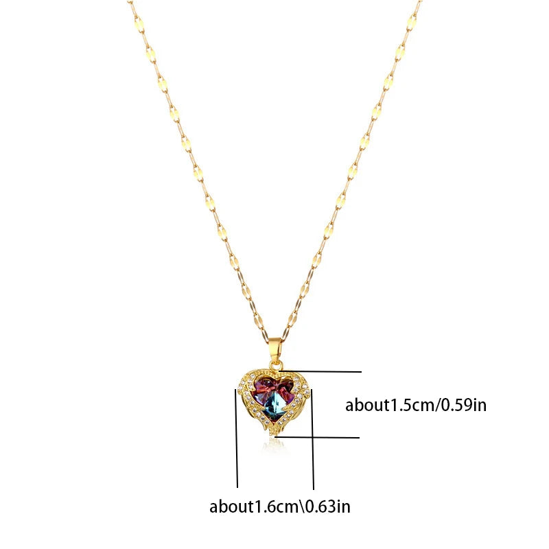Top Luxury Colorful Crystal Ocean Heart Pendant Necklace For Women'S Trendy 316L Stainless Steel Jewelry Female Wedding Neck Chain