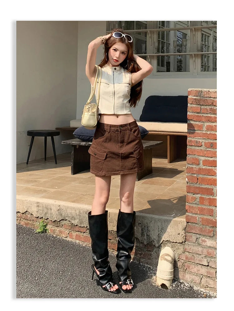 High Waist A-Line Mini Skirt Denim Skirt Women's Multi-Pocket Anti-Light Workwear Half Skirt Street Style Casual Wear