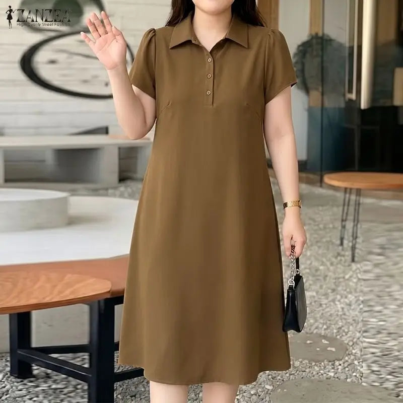 Women Casual Midi Shirt Dress Turn-Down Collar Half Button Short Sleeve Solid Color Dresses ZANZEA Summer Commute Wear Vestidos