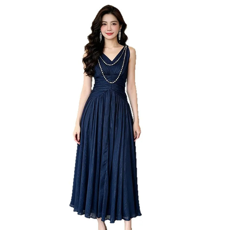 2026 Summer French Elegant Temperament Socialite V-neck Bead Chain Sleeveless High Waist A-line Banquet Evening Long Dress Women
