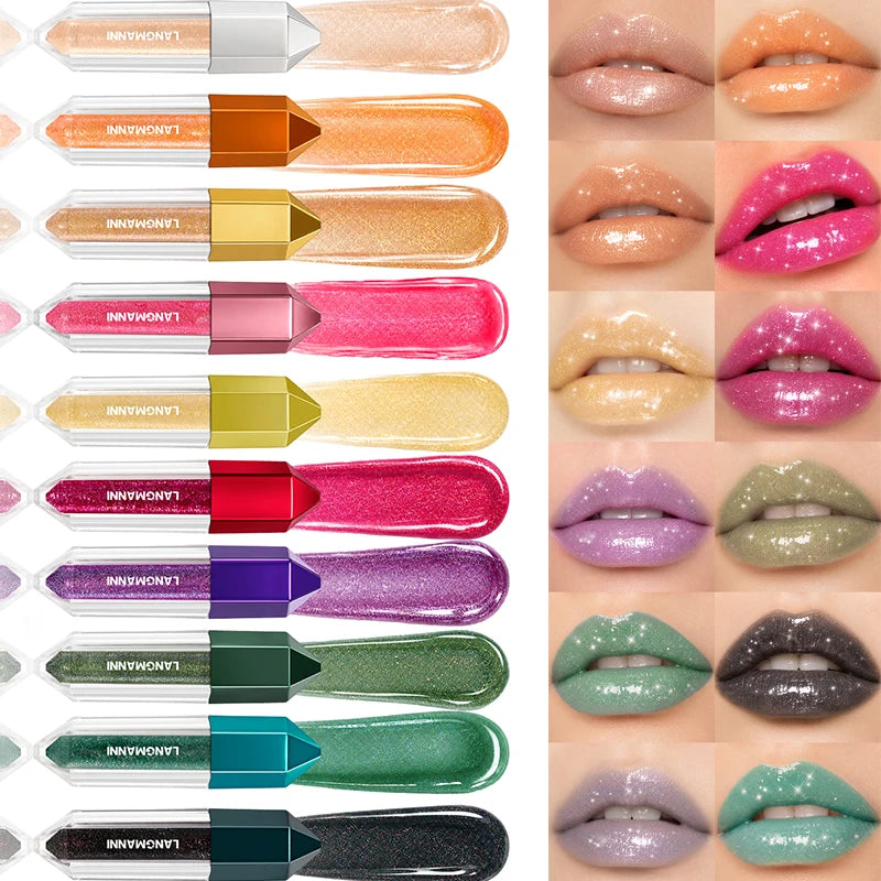 12Color Diamond Lip Glaze Pearl Sparkling Metallic Mirror Lip Gloss Moisturizing Gothic Black Rose Lipstick Halloween Lip Makeup