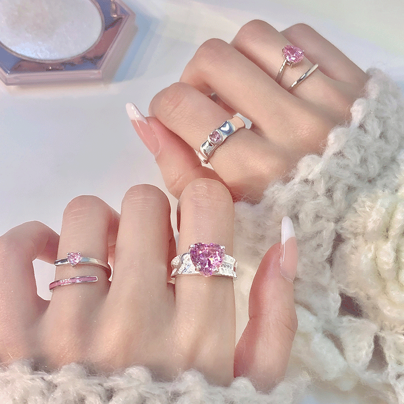 2025 Kpop Pink Zircon Heart Open Ring for Women Girls Luxury Blue Opal Heart Couple Finger Rings Wedding Y2K Jewelry