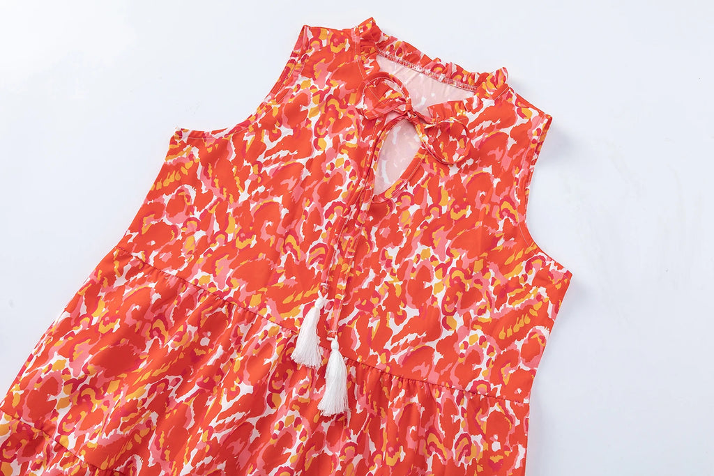 New European and American Summer Cross-border Seaside Vacation Mid to Long Sleeveless V-neck Tassel Abstract Print Dress