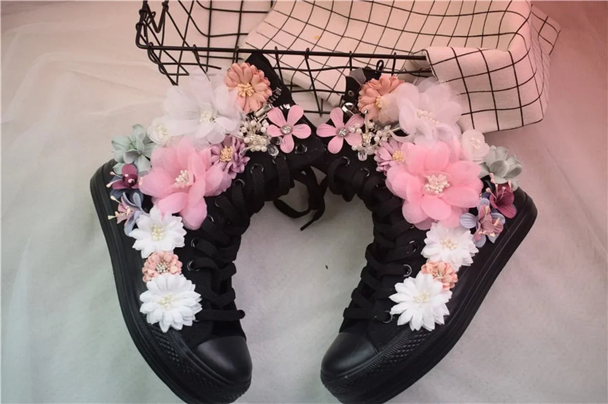 Sweet Flowers Women Canvas Shoes Flat Shoes High Top Manual 2026 New Side Zipper Rhinestone Flowers Ladies Canvas Shoes Pearl