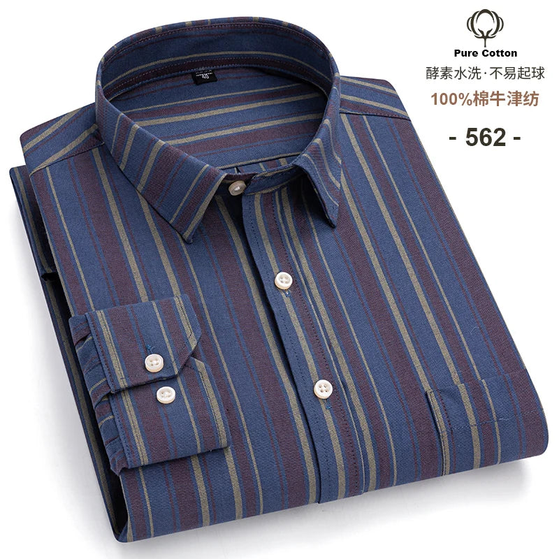 Men's Long Sleeve Plaid Oxford Shirt - 100% Cotton Button-Down