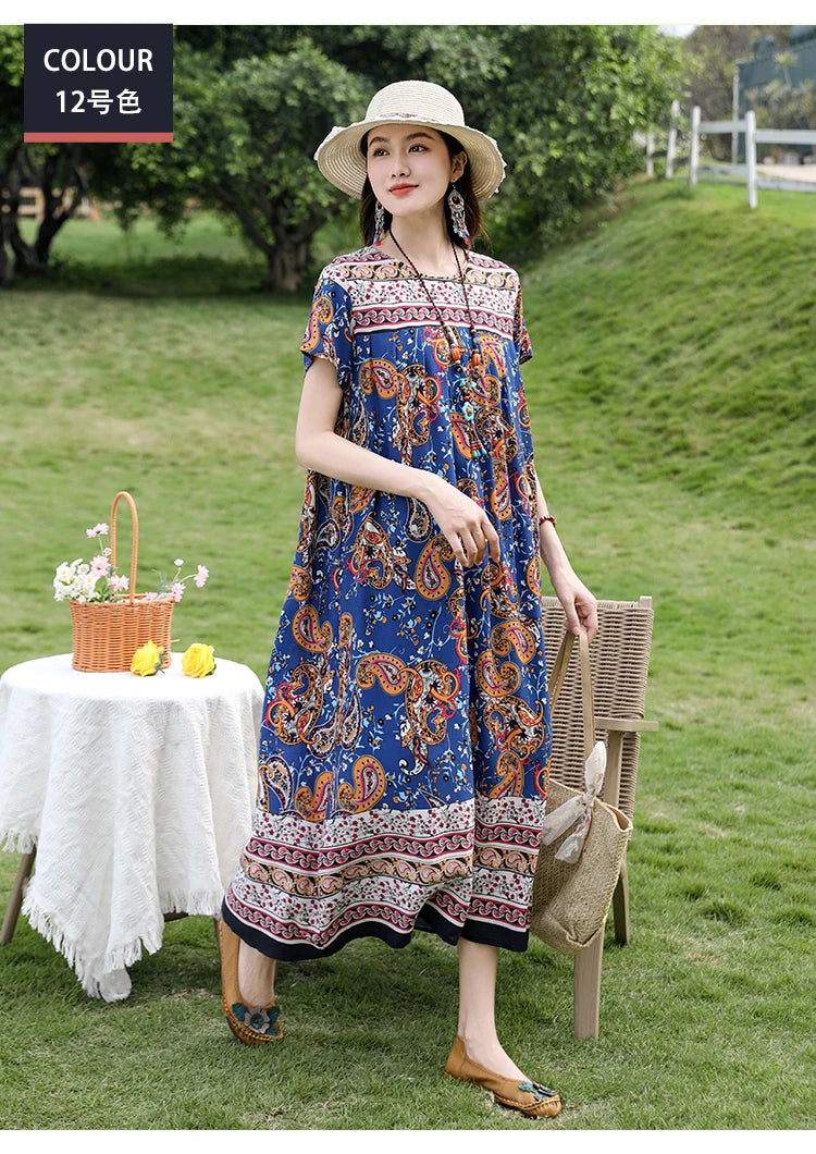 New Fashion Casual 2025 Summer Elegant Dresses For Women O-Neck Print Vintage Short Sleeve Dress Loose Women Clothing