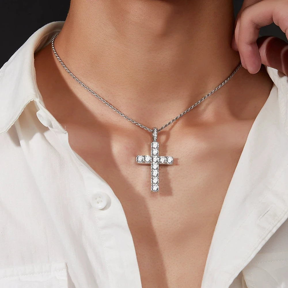 Knobspin 5.5Ct Moissanite Cross Necklace Solid S925 Sterling Silver 1.6Mm Rope Chain Necklaces For Women'S Man Christian Jewelry