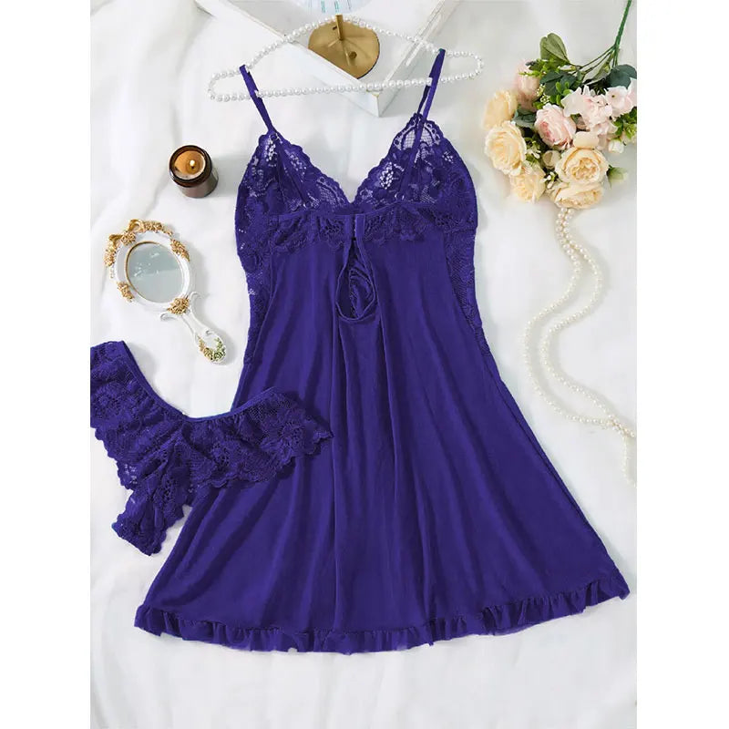 Summer Hot Sexy Sleepwear Dress Sleeveless Backless Women Lace Sheer Nightdress Solid Color Soft Pajamas Short V-neck Thong Set