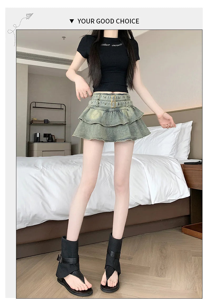 American Pure Desire Spicy Girl Design Elastic Denim Skirt Half-length Pleated Cake Skirt Short Commute High Elasticity