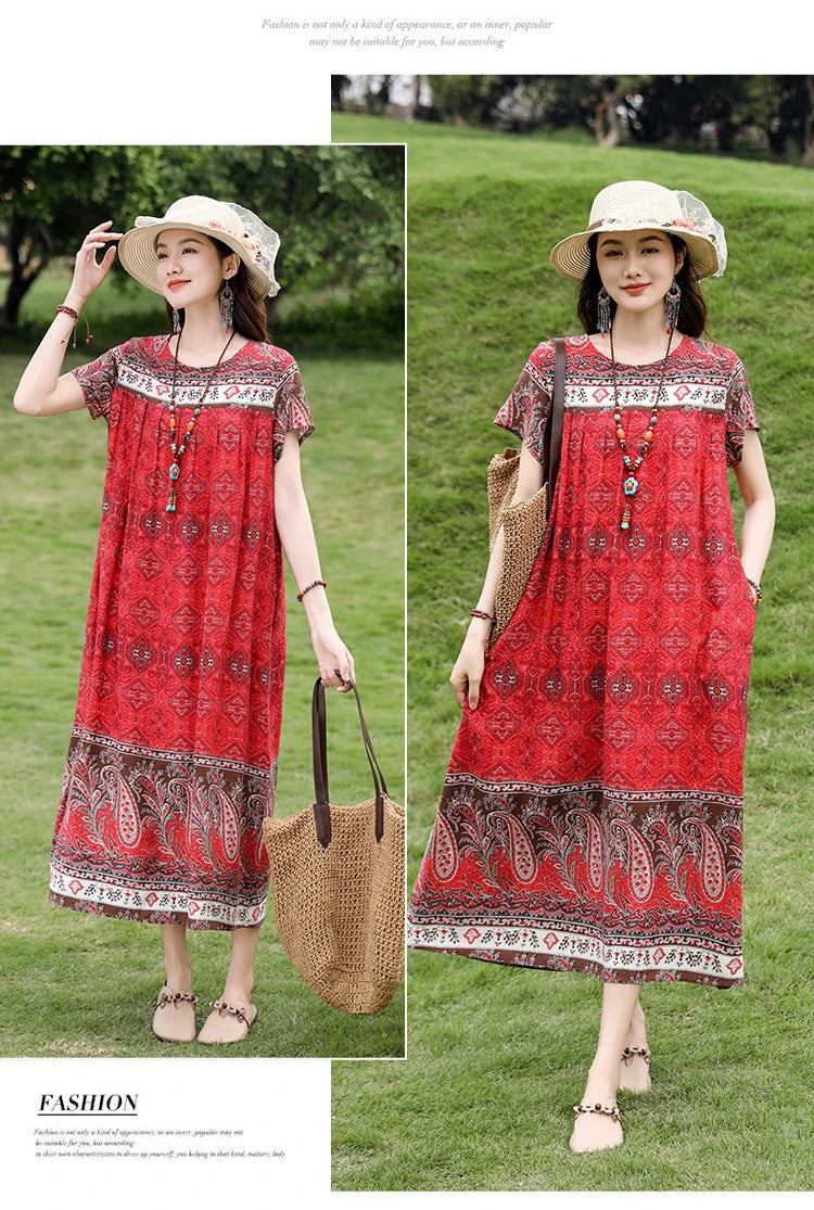 New Fashion Casual 2025 Summer Elegant Dresses For Women O-Neck Print Vintage Short Sleeve Dress Loose Women Clothing