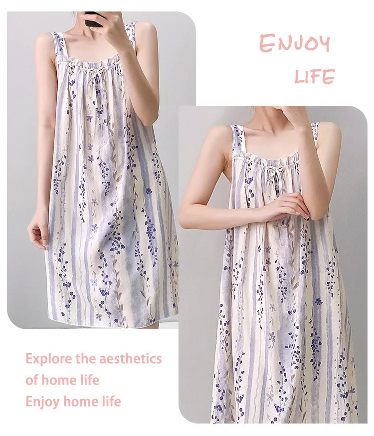 Korean Version of the Girl Sweet Summer Halter Nightgown Female Bowknot Full Print Sleeveless Loose Floral Sundress Home Dress
