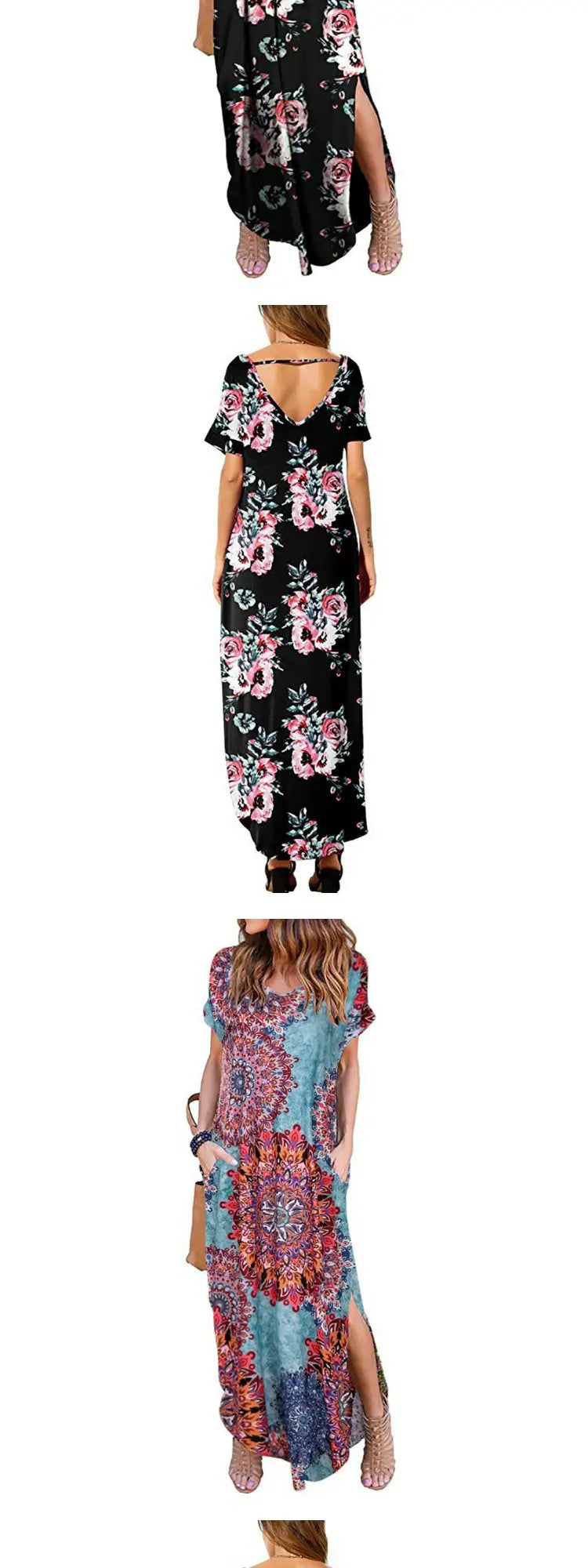 Pure Color Splice Short Sleeve V-Neck Slit Long Dress Loose Fit Women's Summer Cotton Polyester Maxi Dress Citywalk