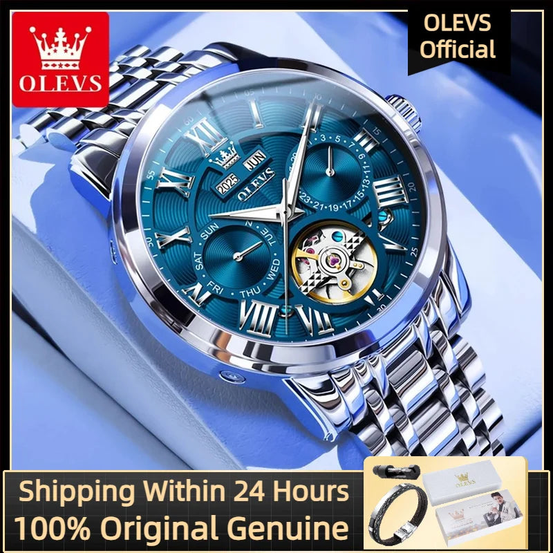 OLEVS 6668 Original Men's Watch Multifunctional Skeleton Waterproof Stainless steel Strap Business Automatic Mechanical Watches