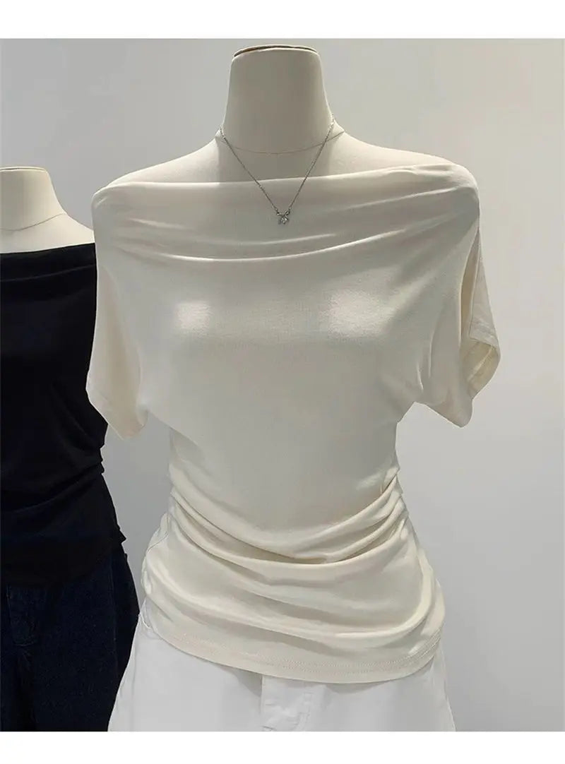 Summer One Shoulder Black Women's T-shirt Short Sleeve Korean Style Slimming Top Exposed Shoulder Fashionable