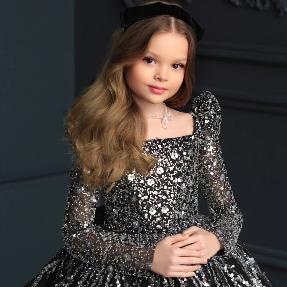 Customized  Flower Girl Dress for Wedding Sequins Full Sleeves Puffy Pageant Baby Gown First Communion Birthday Party  Dress