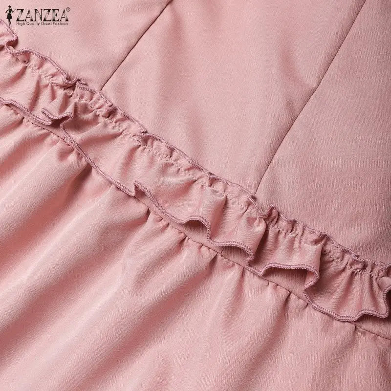 ZANZEA Women Elegant A-Line Midi Dress V-Neck 3/4 Puff Sleeve Cinched Waist Ruffled Hem Dresses Summer Casual Commute Robe Femme