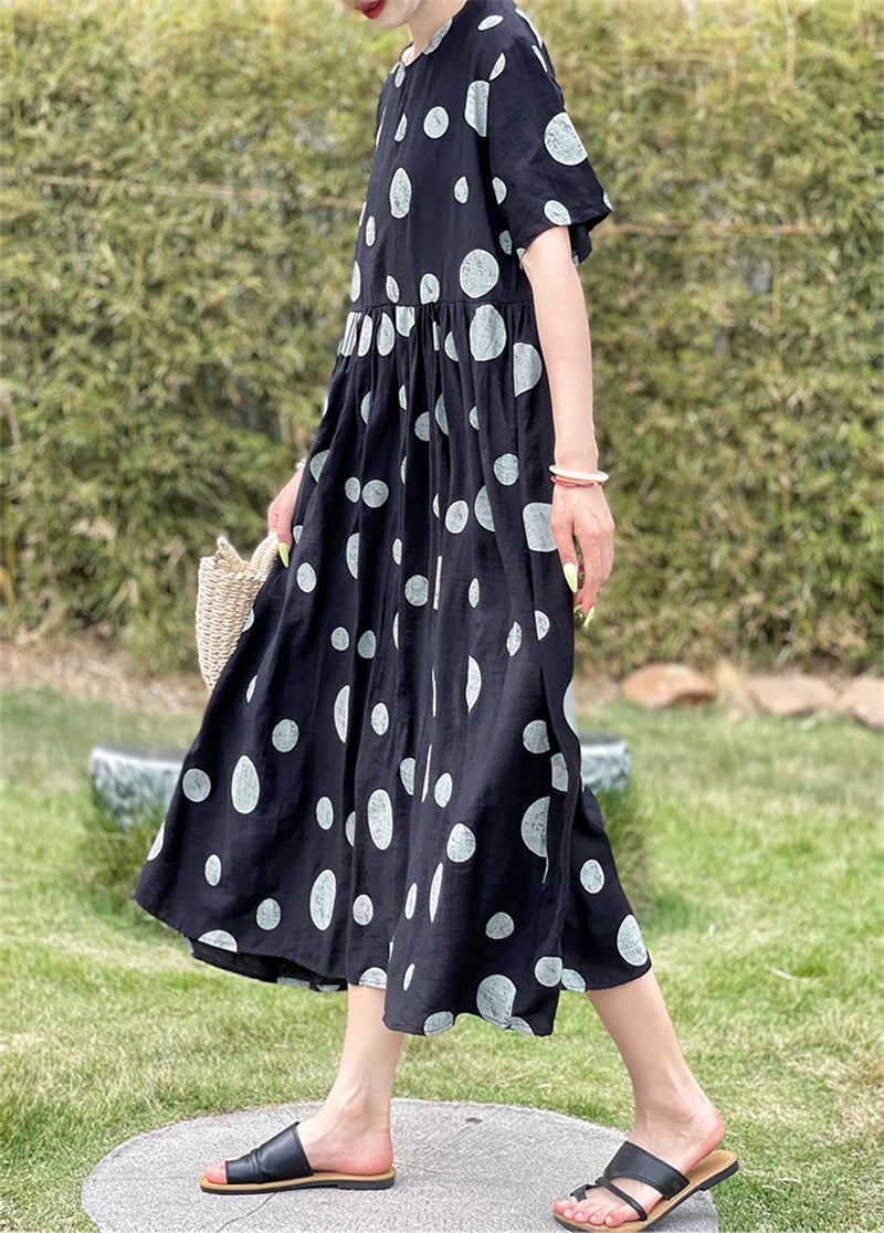 Summer Cotton Vintage Casual Loose Black Dresses For Women Short Sleeve Polka Dot Dress Femme Robe Vestidos Elegant Long Clothes