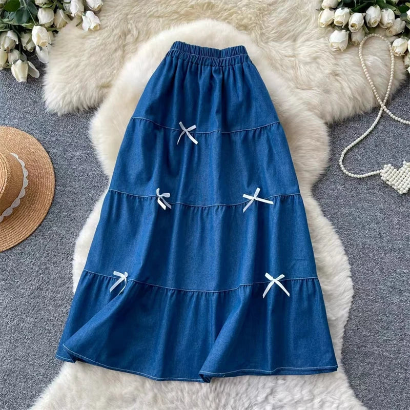 Karofi Vintage Cotton Layered Denim Skirt Women Elastic High Waist Bow Detail Flowy Long Casual A Line Long Midi Skirt