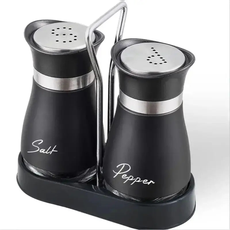 Botella de cristal para especias de cocina, juego de 2 molinillos de sal y pimienta recargables ajustables con estante, dispensador de especias con orificios para verter