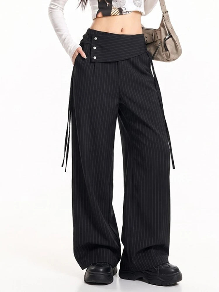 Detachable Skirt Panel Striped Suit Pants Women Turn Up Cuff Tie Waist Straight Wide Leg Trousers Loose Casual Streetwear Pants