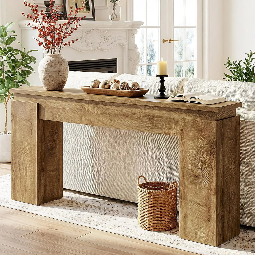 63-Inch Console Sofa Table, Farmhouse Rustic Entryway Table with Open Storage for Living Room & Hallway, Natural Oak, Customized