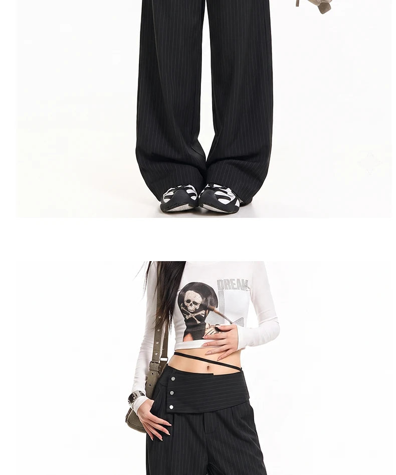 Detachable Skirt Panel Striped Suit Pants Women Turn Up Cuff Tie Waist Straight Wide Leg Trousers Loose Casual Streetwear Pants