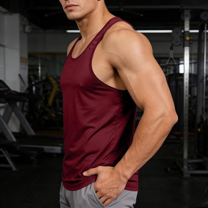 Men's Gym Sports Tank Top Muscle Aesthetic Dry Fast Workwear Polyester Fiber Summer Sport Fit Style Solid Color round Neck