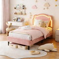 Velvet Upholstered Princess Bed Frame RGB LED Smart Light Adjustable Bear Headboard Wooden Slat Support Twin Pink Kids