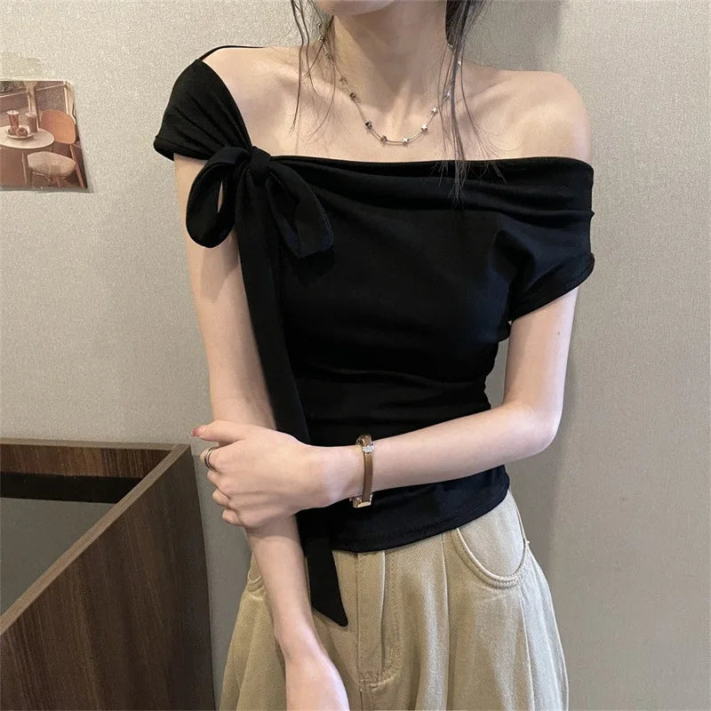 Sexy Spice Girl Shoulder Short Tshirt Women's Strap Slit Cleanfit Style Ladies' T-shirt Linen Fabric A-line Sleeve Other Mate...
