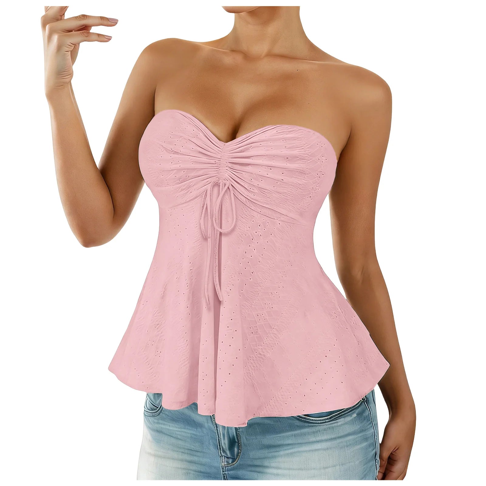 Chic Off Shoulder Bandeau Ruffled Vest Tops Women Summer Sleeveless Backless Strapless Tank Tops Street Casual Eyelet Cami Top