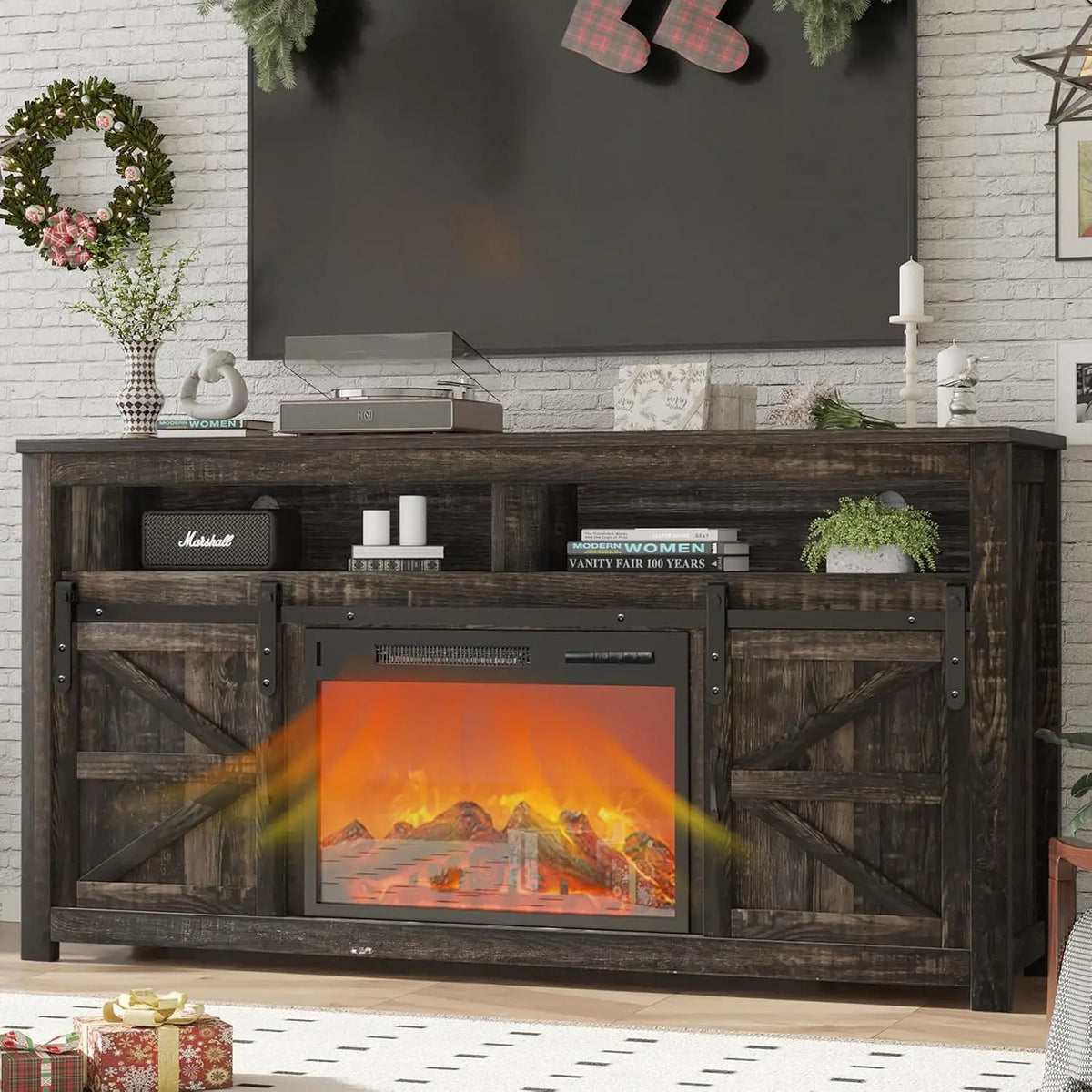 58" Farmhouse TV Stand Fireplace & Sliding Barn Door, Rustic Media Console 2 Shelves Living Room, Dark Oak, Customized