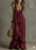 Summer Woman Dress Sleeveless Ruffle Neck Dresses Women's Pleated Maxi Dress V Neck Asymmetrical Hem Boho Dress Layered Ruffles