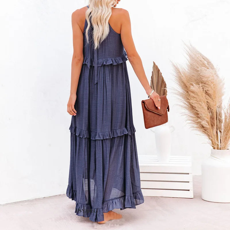 Women Halter Neck Maxi Dress Sleeveless Ruffle Tiered Loose Flowy Bohemian Beach Long Dress