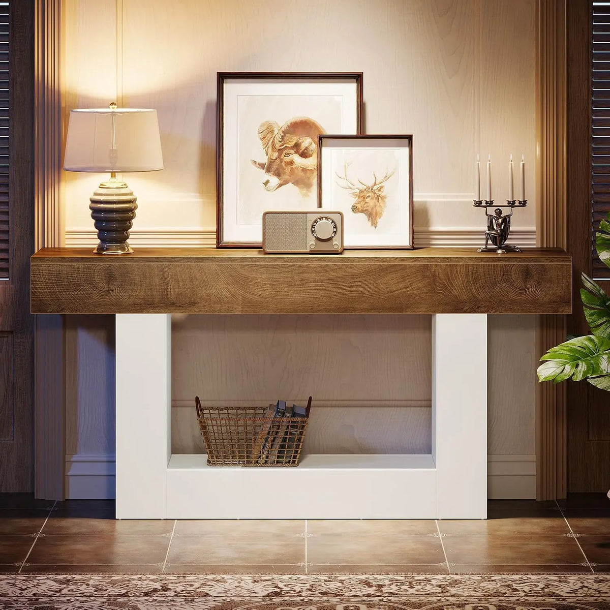 63" Farmhouse 2-Tier Console Table with U-Shaped Base, Narrow Long Wood Sofa Table for Entryway Living Room Hallway, Brown & Whi